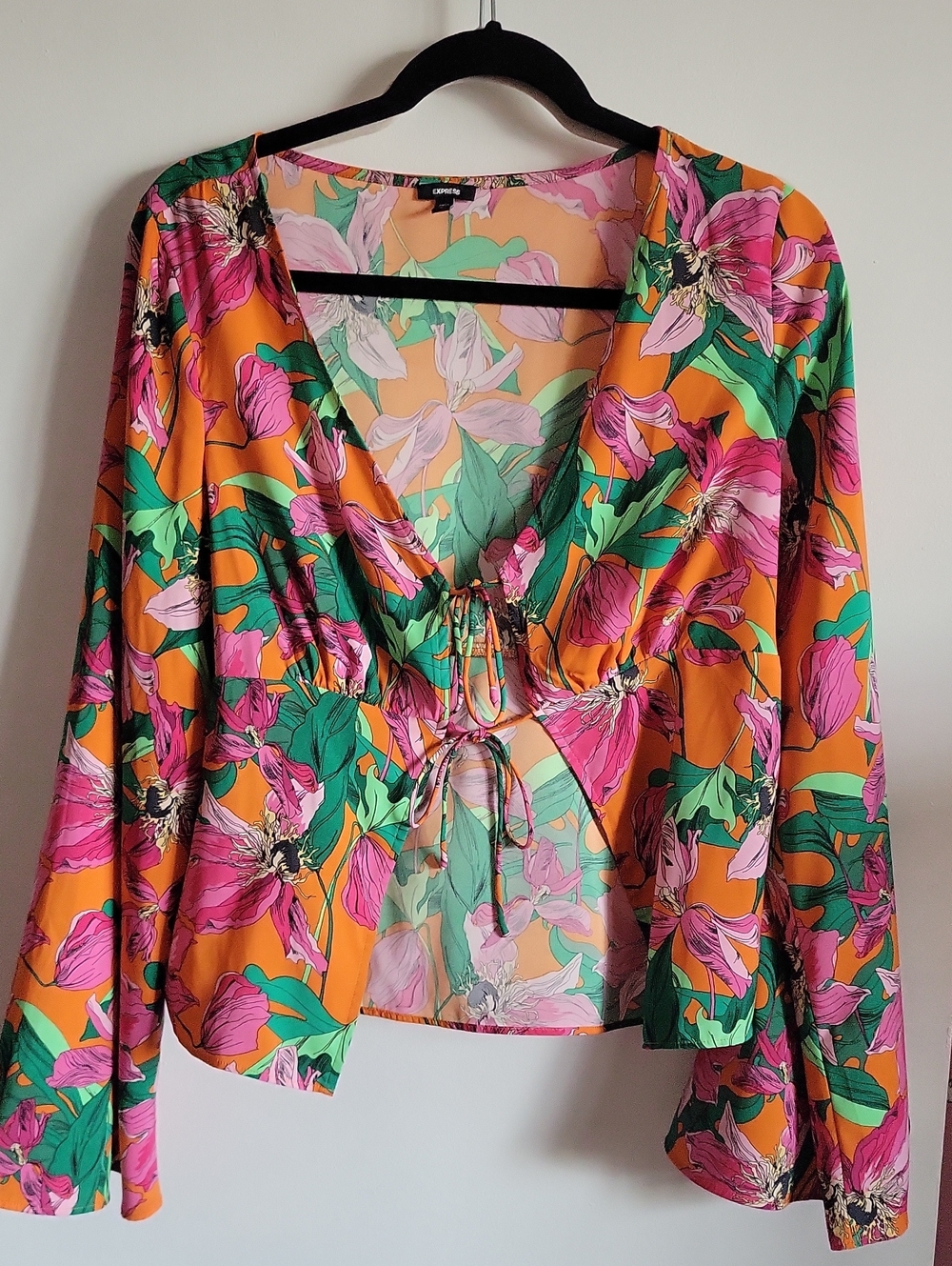 Express Floral Drawstring V-Neck Blouse — Pink & Green on Orange
